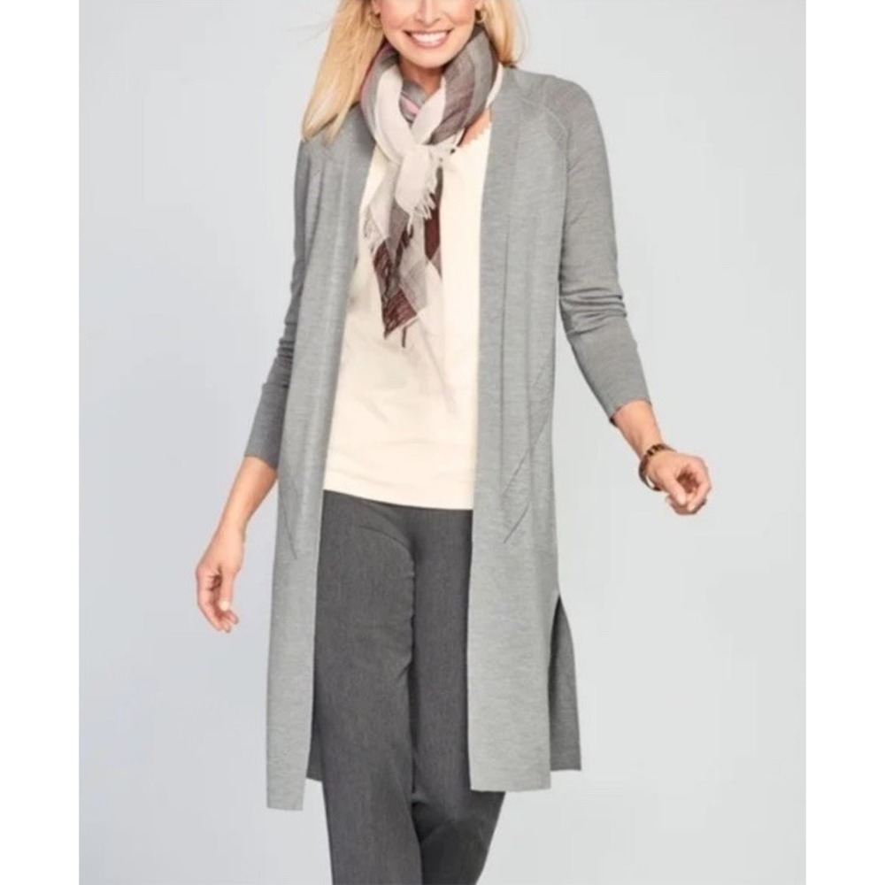 Talbots Petites Gray Pure Merino Wool‎ Long Cardigan/Duster Sweater Large (LP)